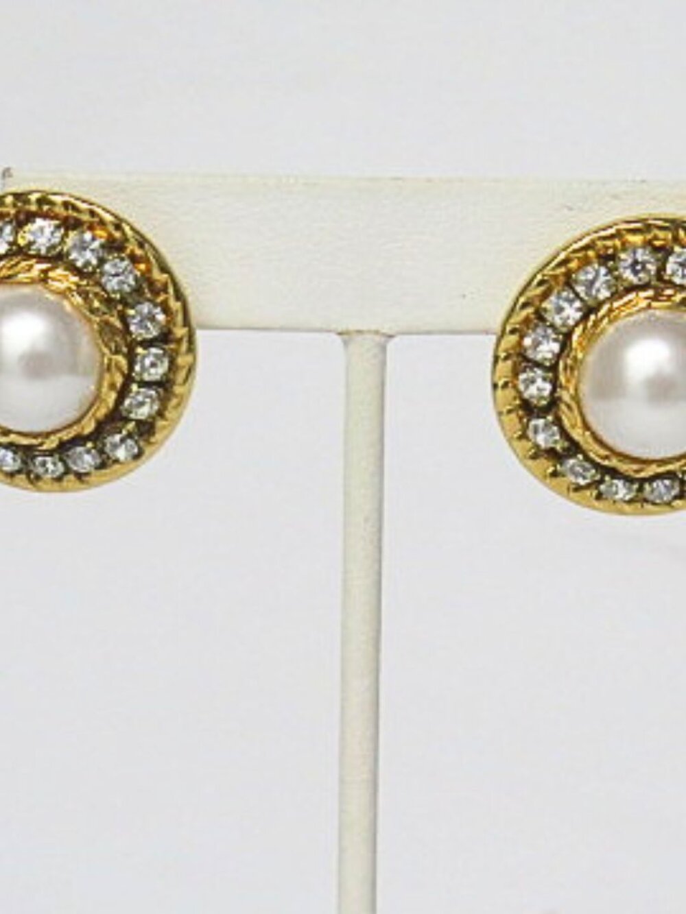 Vintage Faux Pearl Rhinestone Earrings Gold Tone Round Statement Stud Estate